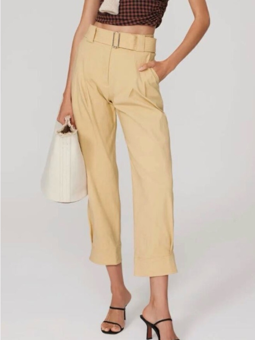 A.L.C. Belted Cropped Trousers in Light Beige